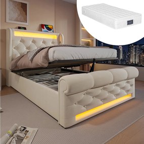 Łóżko tapicerowane ze schowkiem - 90 x 200 cm - z diodami LED - zagłówek ze schowkiem i USB - z materacem - aksamit - beż