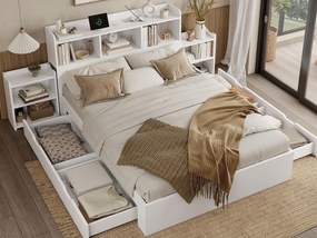 Łóżko podwójne 140x200cm - z 2 wysuwanymi szafkami nocnymi - z portem typu C i ładowaniem bezprzewodowym - z 4 szufladami i schowkami - Białe