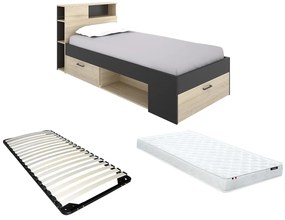 Łóżko z zagłówkiem, ze skrzynią  i szufladą – 90 × 190 cm – Antracyt i naturalny + materac + stelaż - LEANDRE