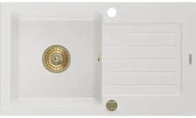 Mexen Pablo zlewozmywak granitowy 1-komorowy z ociekaczem 752 x 436 mm, biały, syfon złoty - 6510751010-20-G