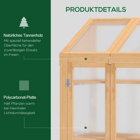 Outsunny Mini szklarnia, mała szklarnia z ramą drewnianą, oknami i podwójnymi drzwiami, 3 półki, 70Dł x 50Szer x 120Wys cm, Brązowa
