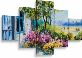 Obraz ogrodu przed domem, obraz olejny (125x70 cm)