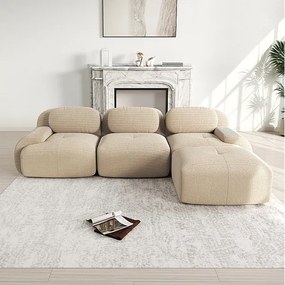 Modułowa sofa narożna 3-osobowa - z Welur - z 3 poduszkami i pufą - 298x178x75cm - Beżowy