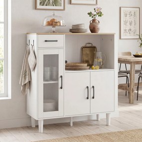 HOMCOM Kredens kuchenny z szufladą, 2 szafkami, otwartą półką, prążkowanymi drzwiami z akrylu 80 x 34 x 91 cm Biały + Dąb | Aosom PL