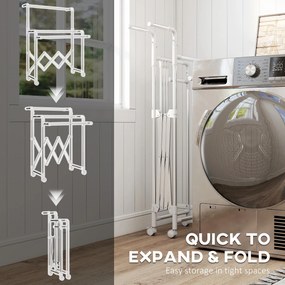 HOMCOM Stojak na pranie, składany suszarka stojąca z 3 regulowanymi prętami, stalowy wieżowy stojak na pranie na kółkach, wieża do suszenia prania do wnętrz i na zewnątrz