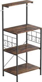 HOMCOM Regał kuchenny, 4-poziomowy design, powierzchnia robocza, 8 haczyków, metalowe rury, brązowy+czarny