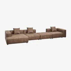 Sofa Modułowa Z Leżanką Po Lewej Stronie, 3-częściowa Z Wysokim Podłokietnikiem I Pufą (↔︎480 Cm) Bruna Zamsz W Kolorze Brązowej Kawy - Sklum