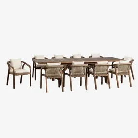 Zestaw Prostokątny Rozkładany Stół 200-260-320x100 Cm I 10 Krzeseł Ogrodowych Z Podłokietnikami Z Drewna Akacjowego Dubai - Sklum