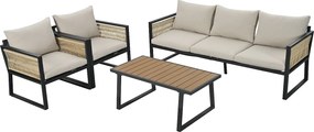 Zestaw mebli ogrodowych z stali na 5 osób - z liną - kanapa - 2 fotele i stolik kawowy - z plecionej liny i blatem z drewna plastikowego - Beżowy