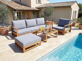 Zestaw mebli ogrodowych Bellingham na 5 osób z szarego drewna akacjowego z grubymi poduszkami i wielofunkcyjnym podnóżkiem