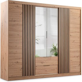 Szafa 4-drzwiowa z 2 szufladami - Z lustrem - szer. 250 cm - Naturalny - SIDOVIA