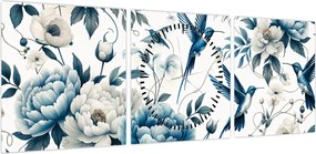 Obraz - Kolibry z kwiatami (z zegarem) (90x30 cm)
