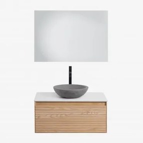 Zestaw Mebli Łazienkowych Z Drewna Jesionowego Tedrik Popielaty Brąz & Okrągły Szary Cement Ø40 Cm Tarsis - Sklum