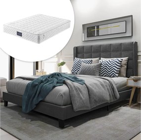 Łóżko tapicerowane z wezgłowiem - 140 x 200 cm - tkanina lniana - box spring + materac - szare