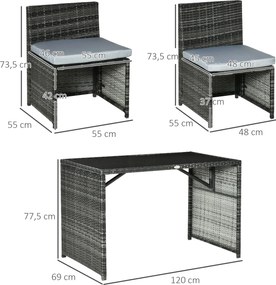 Outsunny Zestaw Mebli Ogrodowych Rattanowych 5 Części Stół Krzesła Sofa Stal Szary Komplet do Jadalni | Aosom PL