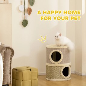 PawHut Beczka do drapania, wysokość 49 cm, Ø35,5 cm dwupoziomowa beczka z obszyciem z pluszu mata do drapania, 2 kryjówki Khaki+Kawowy