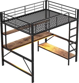 Łóżko antresolowe 140x200 cm z oświetleniem USB i LED, półkami i biurkiem, czarne – bez materaca