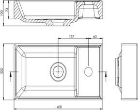 Umywalka z konglomeratu blatowa prostokątna biała z otworem na baterię  40 x 22 cm NAVI do małej łazienki