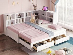 Kanapa rozkładana z litego drewna 90x190 cm - z łóżkiem wysuwanym - z przegródką do przechowywania - z 2 szufladami - biały