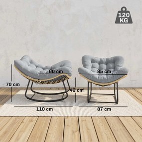 Outsunny Rattanowy Bujany Fotel Ogrodowy z Grubą Poduszką, Krzesło Ogrodowe do 120 kg Indoor Outdoor 87 x 110 x 70 cm Szary | Aosom PL