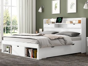 Łóżko dwuosobowe z drewna 140x190 cm - z portem ładowania i wielofunkcyjnymi schowkami - Białe
