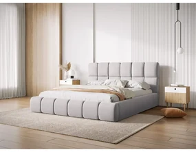 Jasnoszare aksamitne tapicerowane łóżko dwuosobowe ze schowkiem i stelażem 200x200 cm Bellis – Micadoni