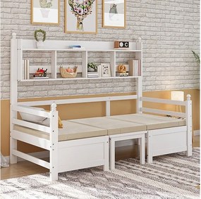 Kanapa z funkcją spania 200x90 cm - 2 w 1 łóżko i biurko - z biblioteczką - z wygodnymi poduszkami - drewno lite - białe