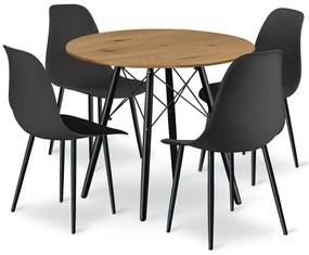 Okrągły nowoczesny stół z 4 czarnymi krzesłami R8-N21