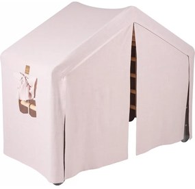 Duży domek z drabinką dla dzieci 112x61x94 cm składaną do pokoju. drewno, len, wiskoza, różowy domek, szara drabinka. - meowbaby®