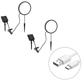 Zestaw 2 czarnych lamp na szpikulec 50 cm z wbudowanym akumulatorem LED i panelem słonecznym IP65 - Adalind