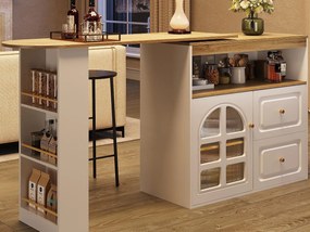 Obrotowy mebel barowy 360° i chowany - z 2 szufladami i 1 drzwiami - otwarte półki - biały + naturalny