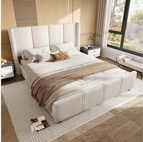Nowoczesna tapicerowana rama łóżka - 140 x 190 cm - z wysokim zagłówkiem i podnóżkiem + port USB - aksamit - beż