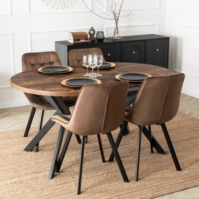 Zestaw Stół Okrągły Rozkładany LUKAS 100-250 cm Dąb Rustykalny/Czarny i 4 Krzesła Tapicerowane RICK Brązowe Welurowe Nowoczesne