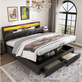 Łóżko z pojemnikiem 160x200 cm - Łóżko dla dorosłych z oświetleniem LED i szufladami - len szary - materac nie jest wliczony w cenę