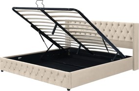 Łóżko 160x200 cm - beżowy aksamit - łóżko ze schowkiem z wyściełanym zagłówkiem i stelażem z listew - bez materaca