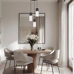Lampa wisząca nad okrągły stół w salonie - Burgos Czarna, trzy klosze podłużne opal