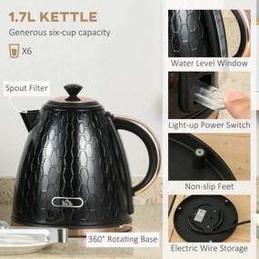 HOMCOM Zestaw kuchenny 2-w-1, toster i czajnik, kilka opcji, 1,7 L, 4 kromki jednocześnie, plastikowy, czarny
