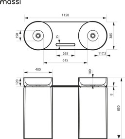 Dwie umywalki z konglomeratu wolnostojące 85 x 40 cm RONA połączone półką szklaną z otworem na ręcznik | Różne kolory półki : Kolor szklanej półki - Brązowy, Kolor umywalki RONA - Beż matowy, Podłączenie syfonu - Do podłogi