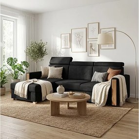 Stylowy narożnik rozkładany lewostronny TANIA 226x160x103 cm w tkaninie GERRA 75 czarnej