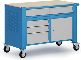 Mobilny stół warsztatowy G9, 1 szafka, 5 szuflad, 1180 x 595 x 865-1130 mm, szary/niebieski