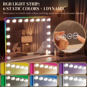 HOMCOM Hollywoodzkie lustro do makijażu z 18 regulowanymi żarówkami LED, 3 kolory, światło RGB, głośnik Bluetooth, 10-krotne powiększenie Białe | Aosom PL