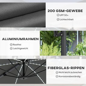 Outsunny Aluminiowy Parasol Ogrodowy LED Solar Ø300 cm Regulowana Wysokość z Korbką UV50+ Ciemnoszary