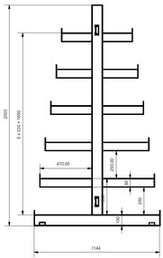 Regał wspornikowy dodatkowy, dwustronny, choinkowy, 2000 x 1330 x 1144 mm, 6 półek