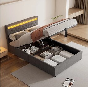 Łóżko ze schowkiem 140x200 cm - Szary len - łóżko dla nastolatków z oświetleniem LED i ładowaniem przez USB - bez podstawy