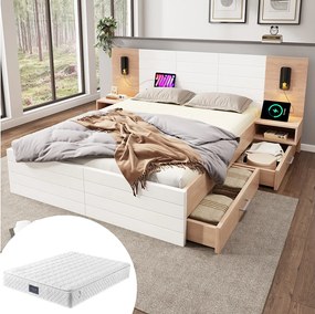 Łóżko podwójne ze schowkiem - 160 x 200 cm - z 2 szufladami + zagłówkiem z diodami LED + USB - 2 szafki nocne - z materacem - białe