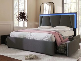 Łóżko tapicerowane 160x200cm z lnu - z 2 szufladami + LED + stelażem na listwy - Szary