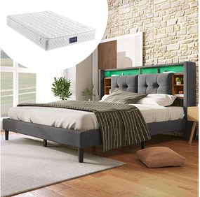 Łóżko dla dorosłych 160 x 200 cm - Zagłówek ze schowkiem i portem USB - len szary - materac w zestawie