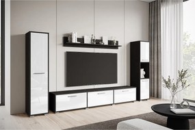 Nowoczesna meblościanka zestaw wisząco-stojący, szafka RTV 180 cm, 2 słupki, półka, korpus Matera mat fronty biały połysk