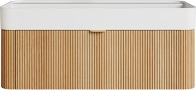 Wisząca szafka łazienkowa z prążkowanego drewna jesionowego z umywalką podblatową do zabudowy z żywicy w kolorze matowej bieli - Jasny naturalny - 100 cm - BULMAS