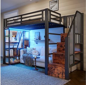 Łóżko piętrowe dla dzieci - 90 x 200 cm - rama żeliwna - ze schodkami i półką do przechowywania + diody LED - płyta MDF + metal - kolor czarny